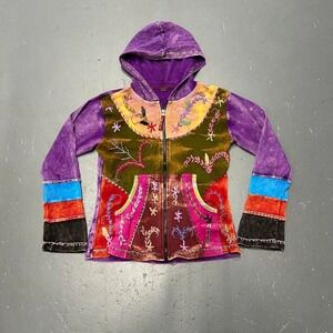 Vintage women's Boho embroidered patchwork hippie multicolored zip up hoodie
